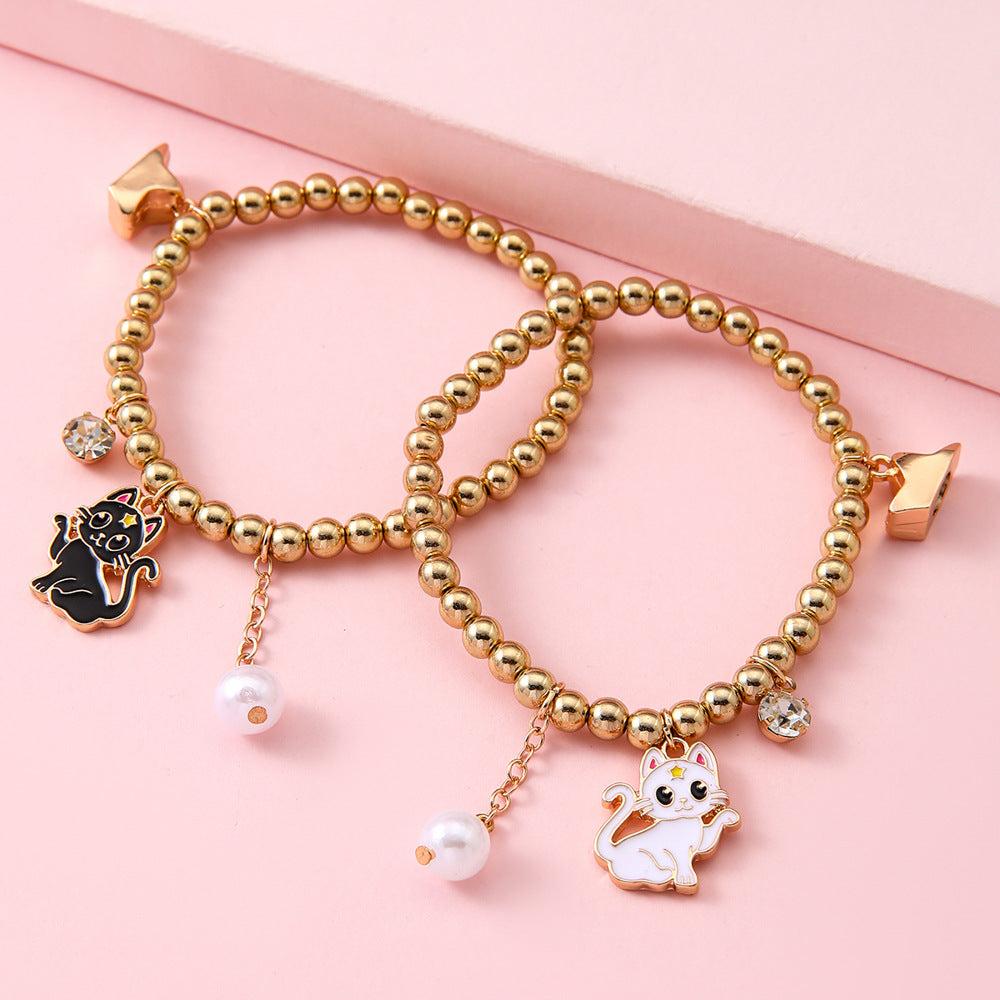 2pcs BFF Black & White Cat Magnetic Star Bracelet Set – Gold Tone Friendship Jewelry