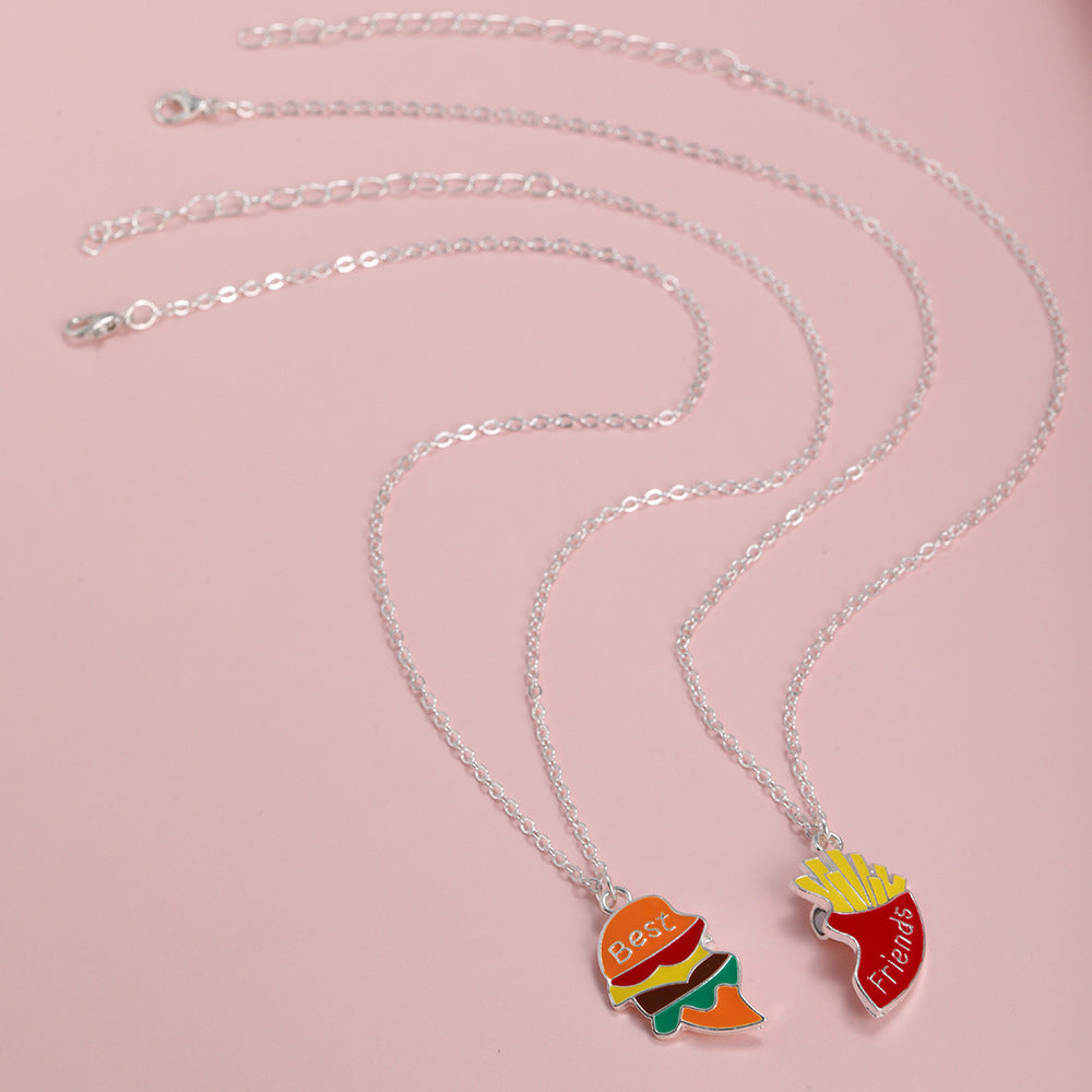 2pcs BFF Burger & Fries Magnetic Necklace Set – Cute Best Friend Jewelry for Kids, Fun Cartoon Pendant Gift