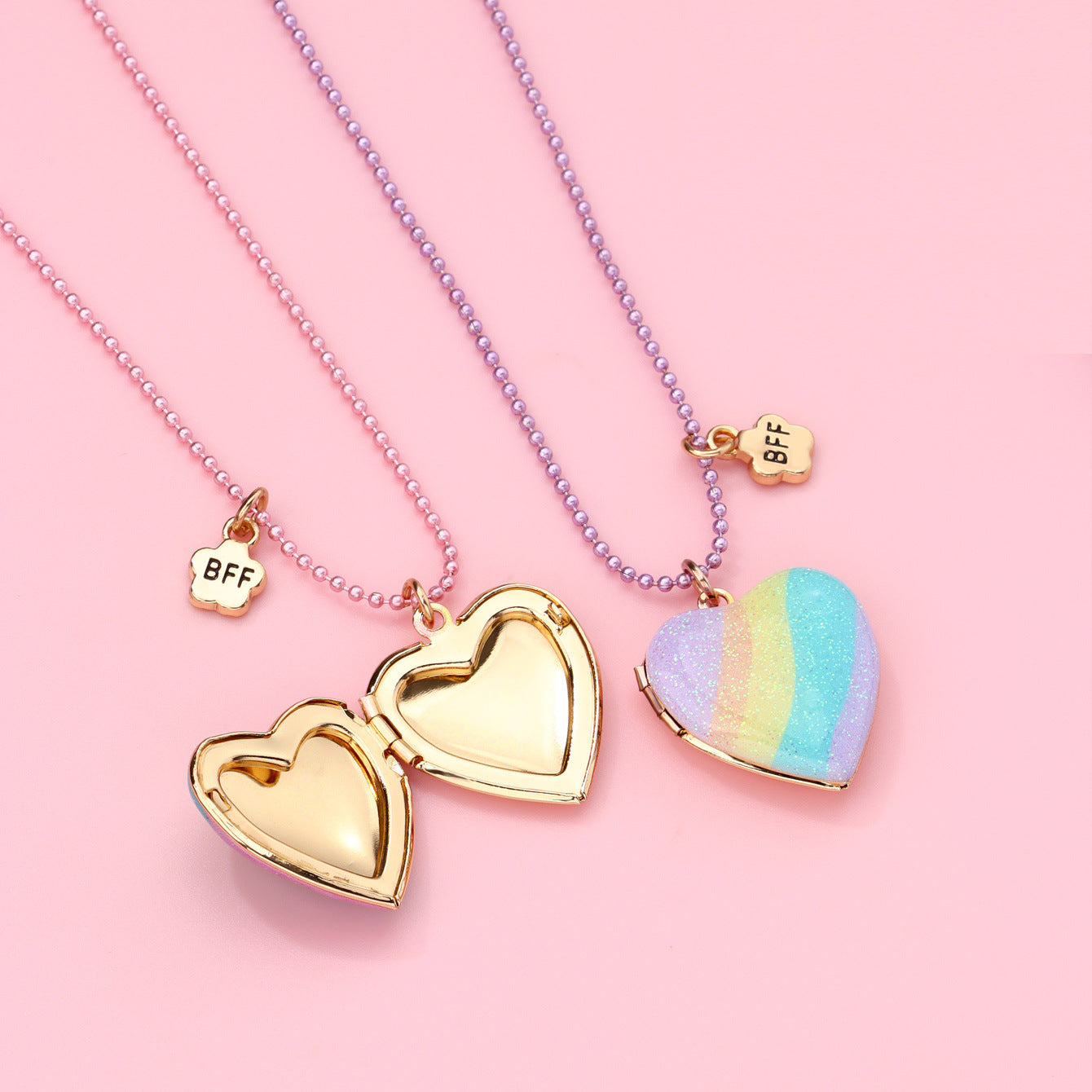 2pcs Rainbow Heart Photo Necklace Set – Magnetic Pendant, Best Friend or Family Gift