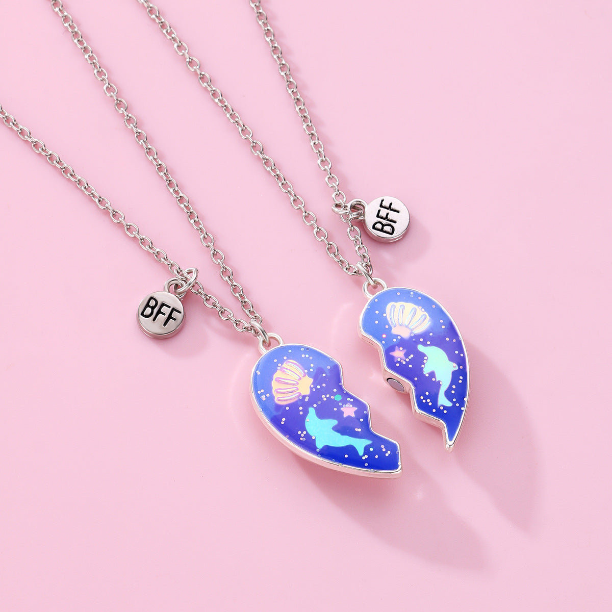 2pcs Kids BFF Magnetic Necklace Set – Heart Dolphin Shell Pendant