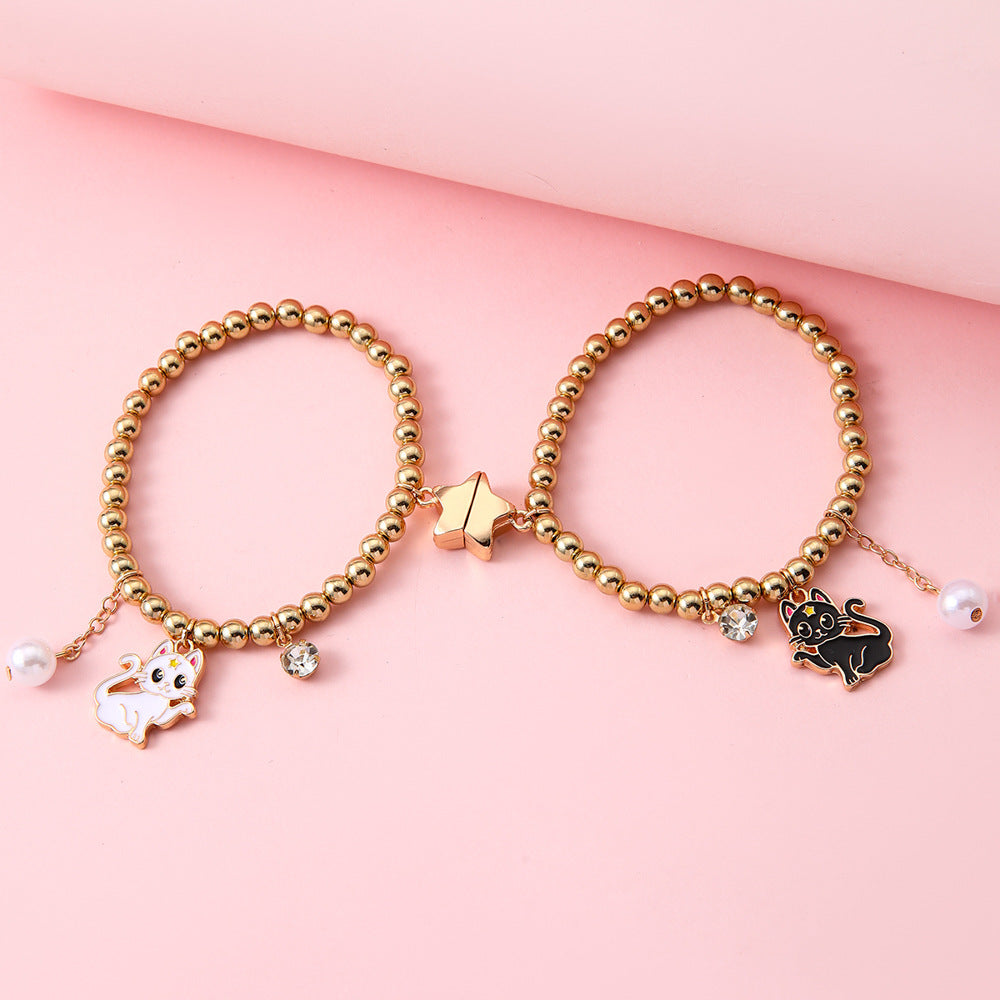 2pcs BFF Black & White Cat Magnetic Star Bracelet Set – Gold Tone Friendship Jewelry