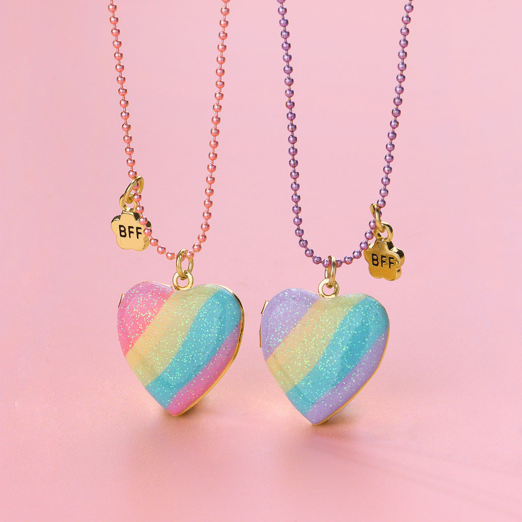 2pcs Rainbow Heart Photo Necklace Set – Magnetic Pendant, Best Friend or Family Gift
