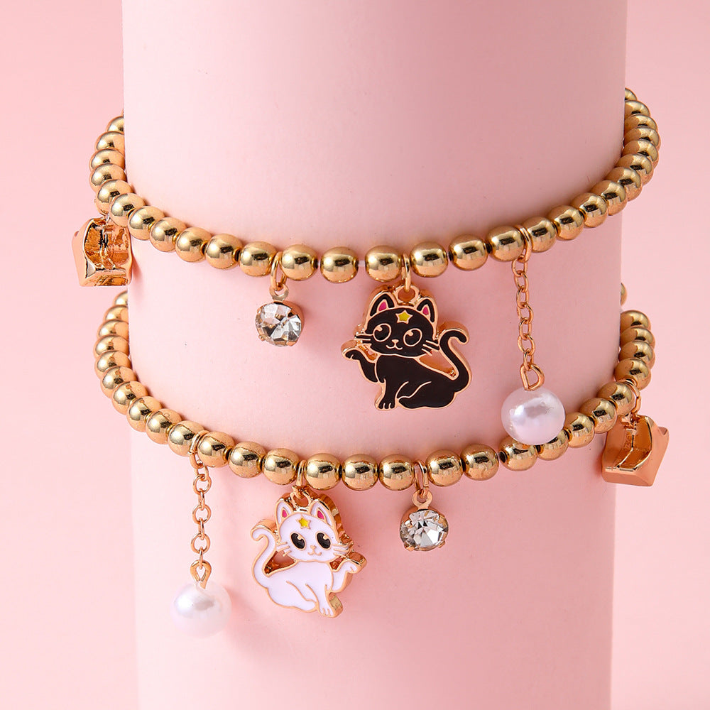 2pcs BFF Black & White Cat Magnetic Star Bracelet Set – Gold Tone Friendship Jewelry