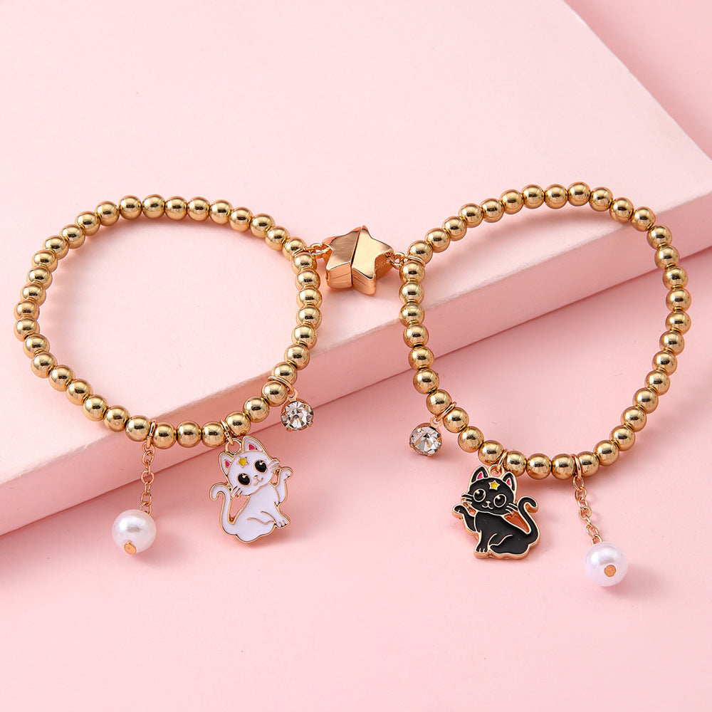 2pcs BFF Black & White Cat Magnetic Star Bracelet Set – Gold Tone Friendship Jewelry