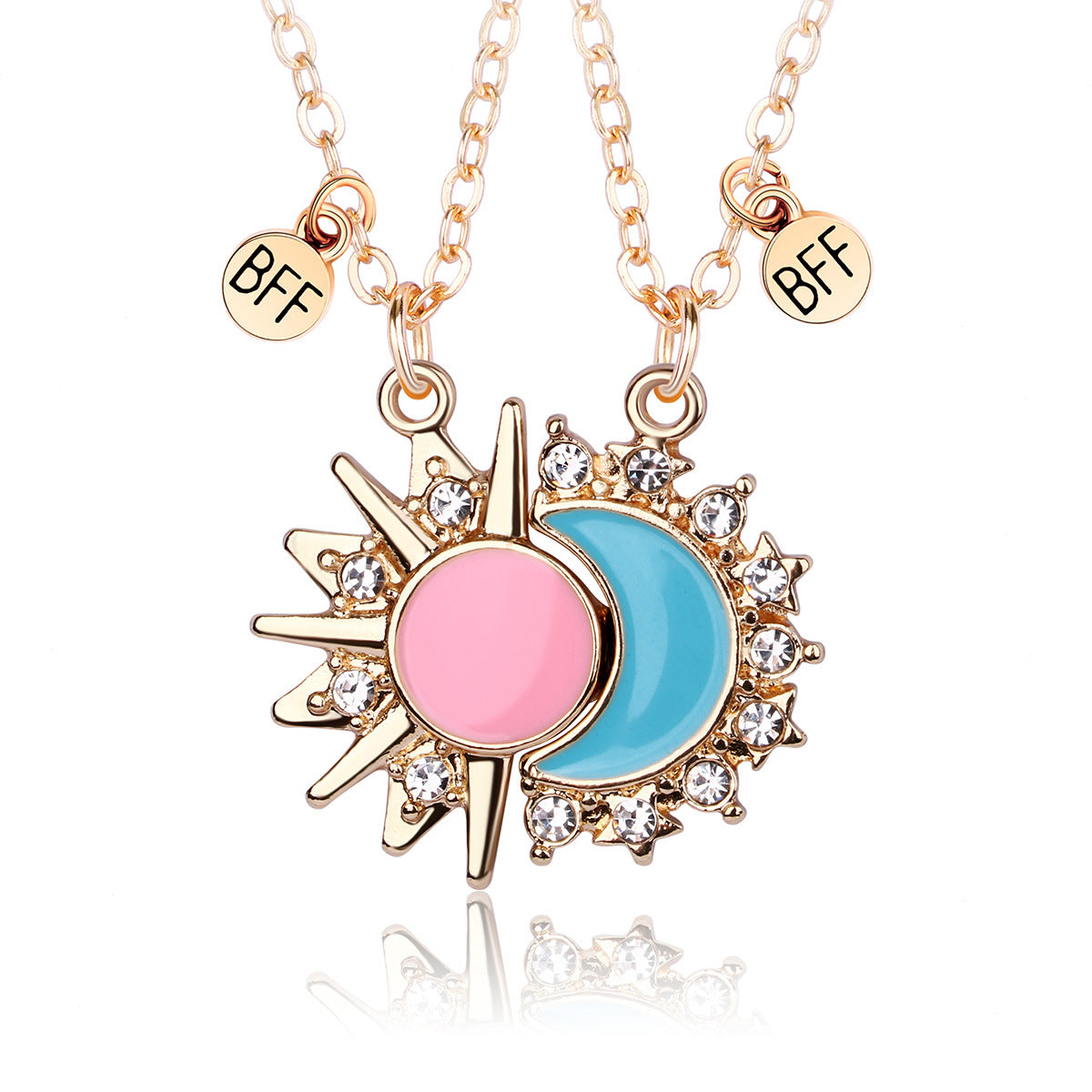 2Pcs Sun & Moon Magnetic Necklace Set – BFF Matching Pendant, Pink & Blue Enamel