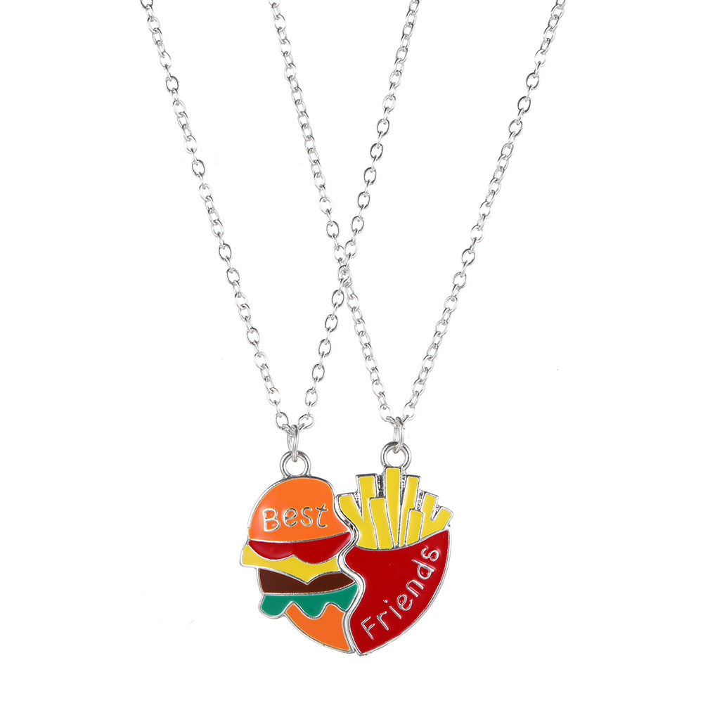 2pcs BFF Burger & Fries Magnetic Necklace Set – Cute Best Friend Jewelry for Kids, Fun Cartoon Pendant Gift