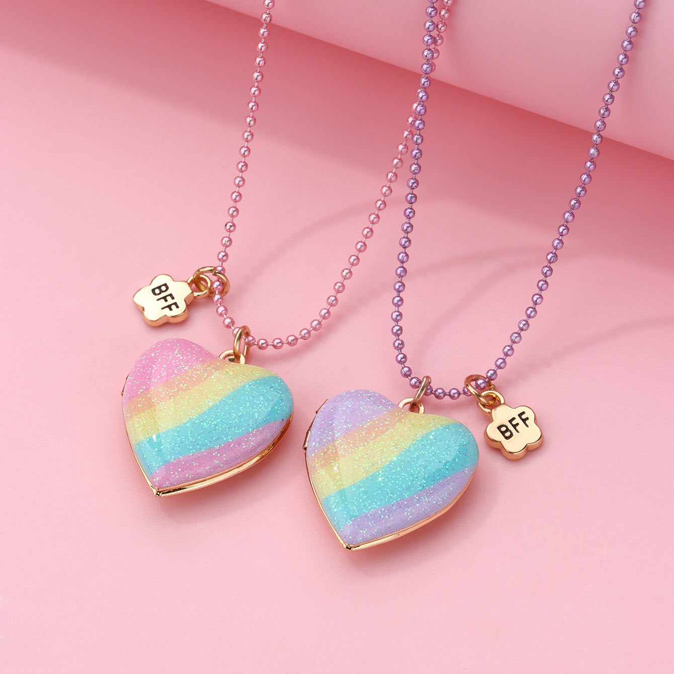 2pcs Rainbow Heart Photo Necklace Set – Magnetic Pendant, Best Friend or Family Gift