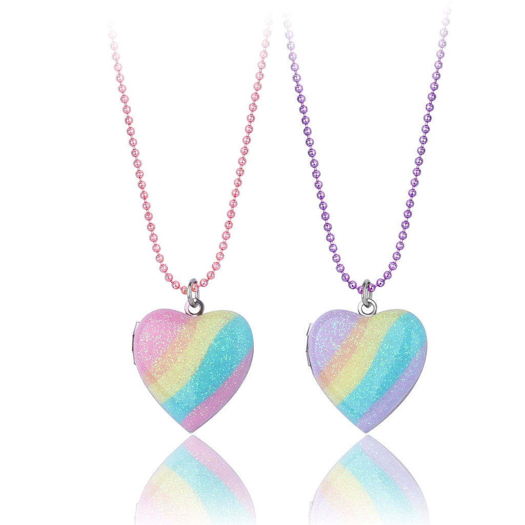 2pcs Rainbow Heart Photo Necklace Set – Magnetic Pendant, Best Friend or Family Gift