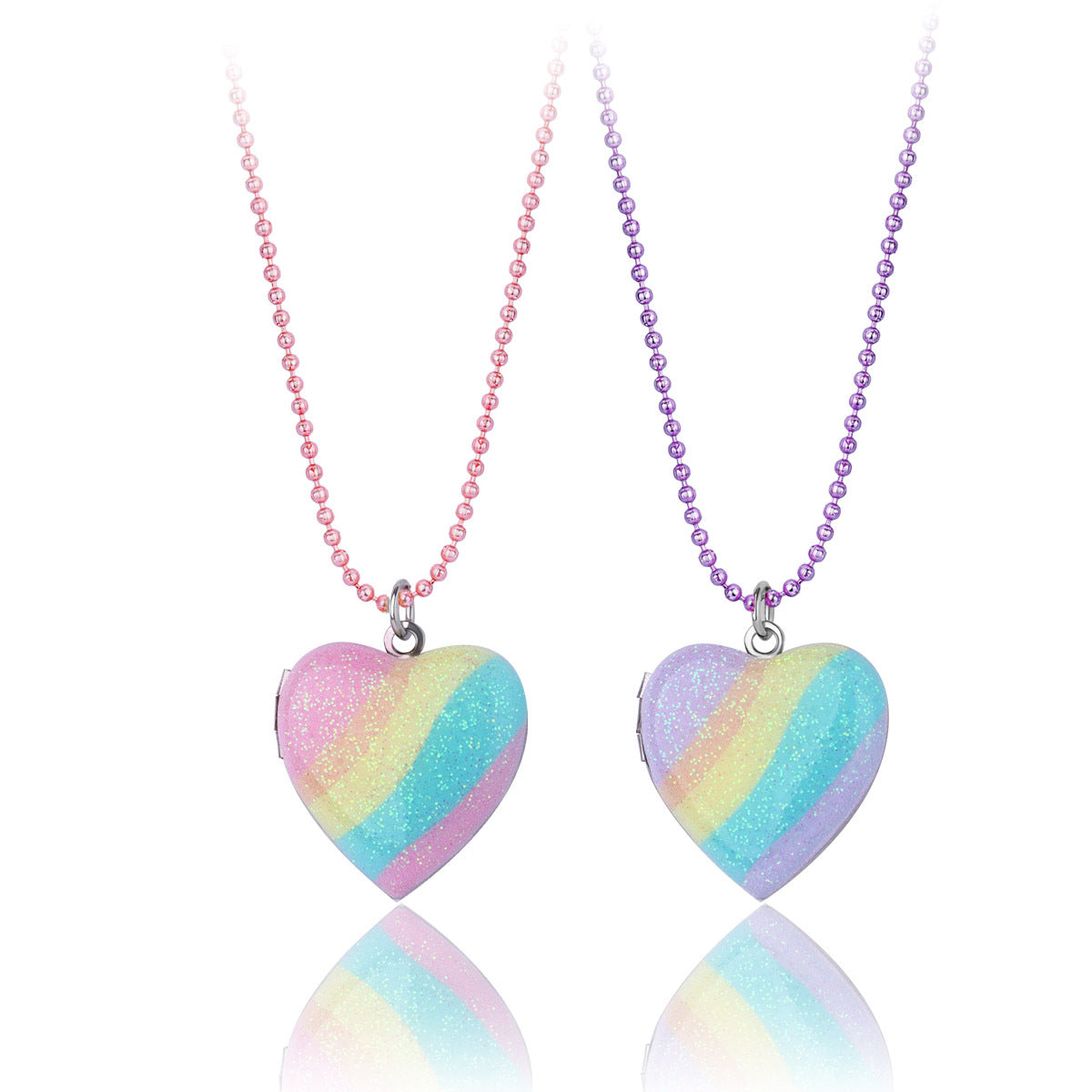 2pcs Rainbow Heart Photo Necklace Set – Magnetic Pendant, Best Friend or Family Gift