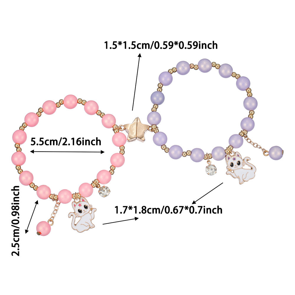 2pcs BFF Magnetic Cat Pendant Bracelet Set – Star-Shaped Connection, Best Friend Jewelry