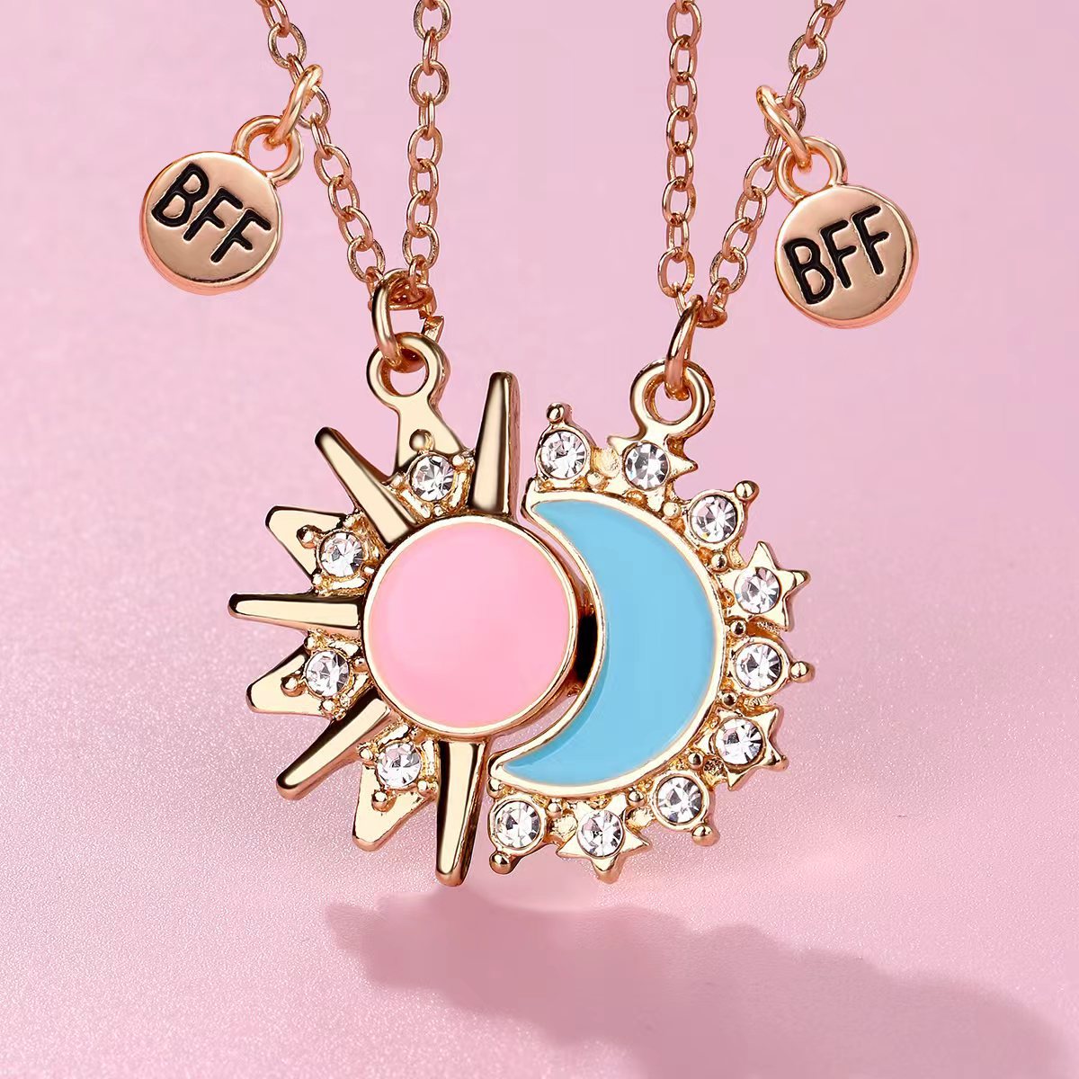 2Pcs Sun & Moon Magnetic Necklace Set – BFF Matching Pendant, Pink & Blue Enamel