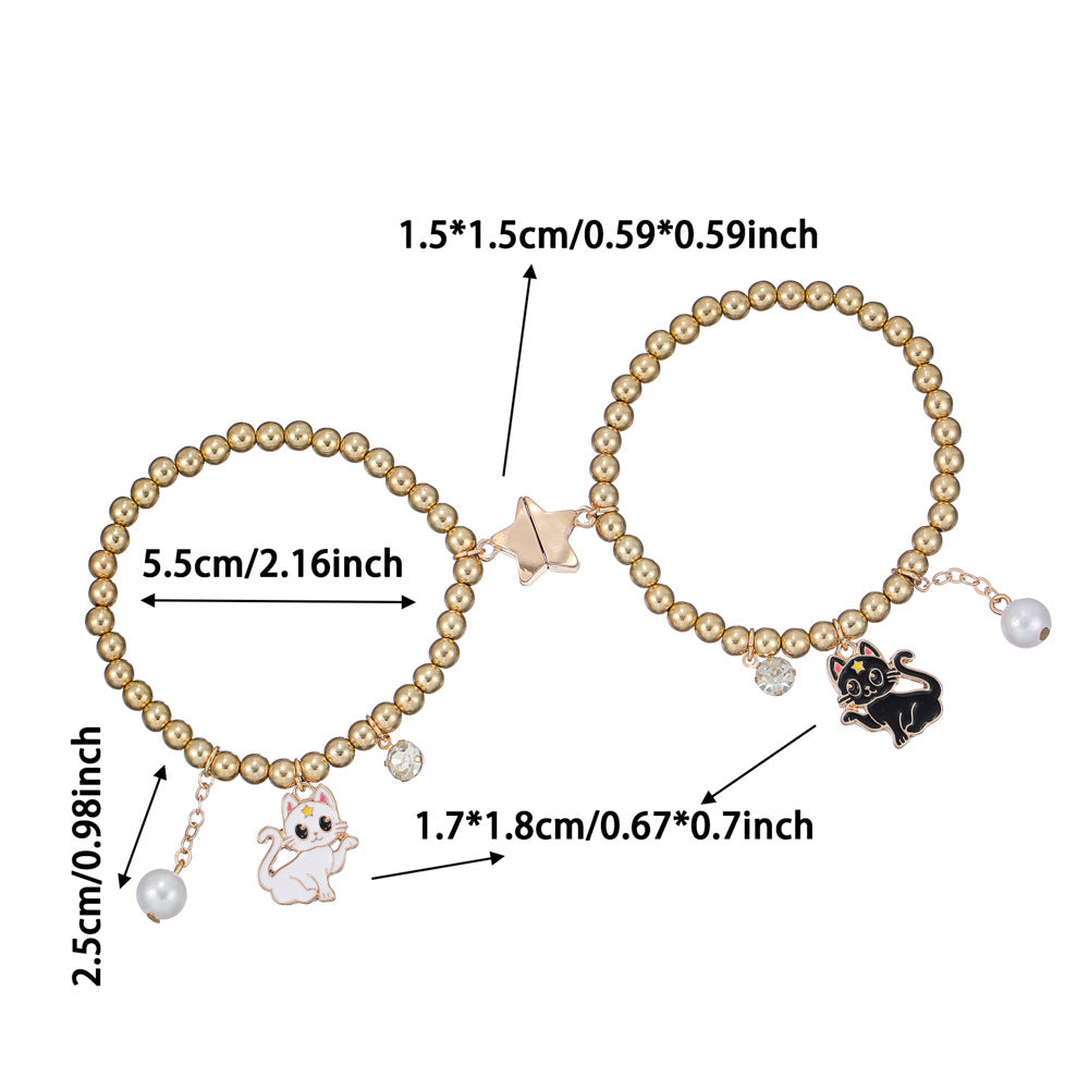2pcs BFF Black & White Cat Magnetic Star Bracelet Set – Gold Tone Friendship Jewelry