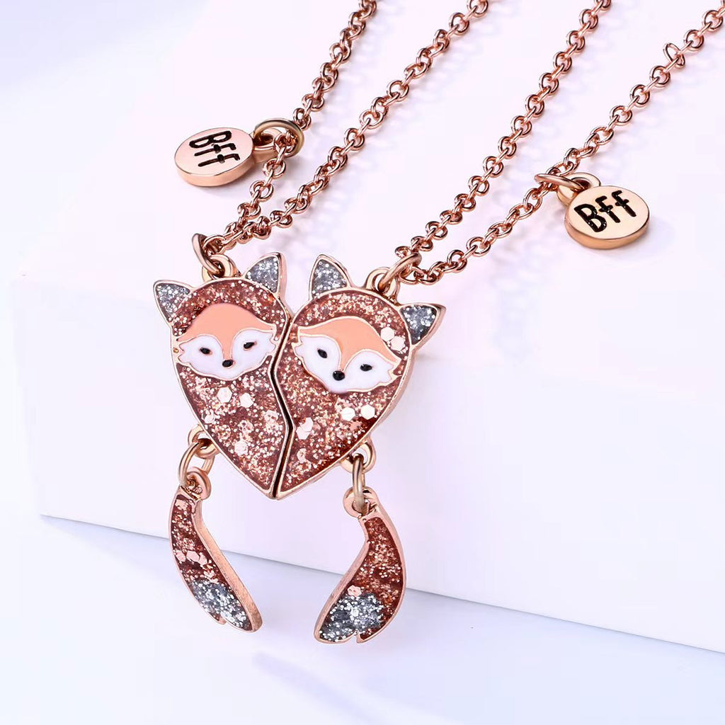 2pcs Fox Cartoon Magnetic BFF Necklace Set – Cute Kids Friendship Jewelry Best Friend Gifts