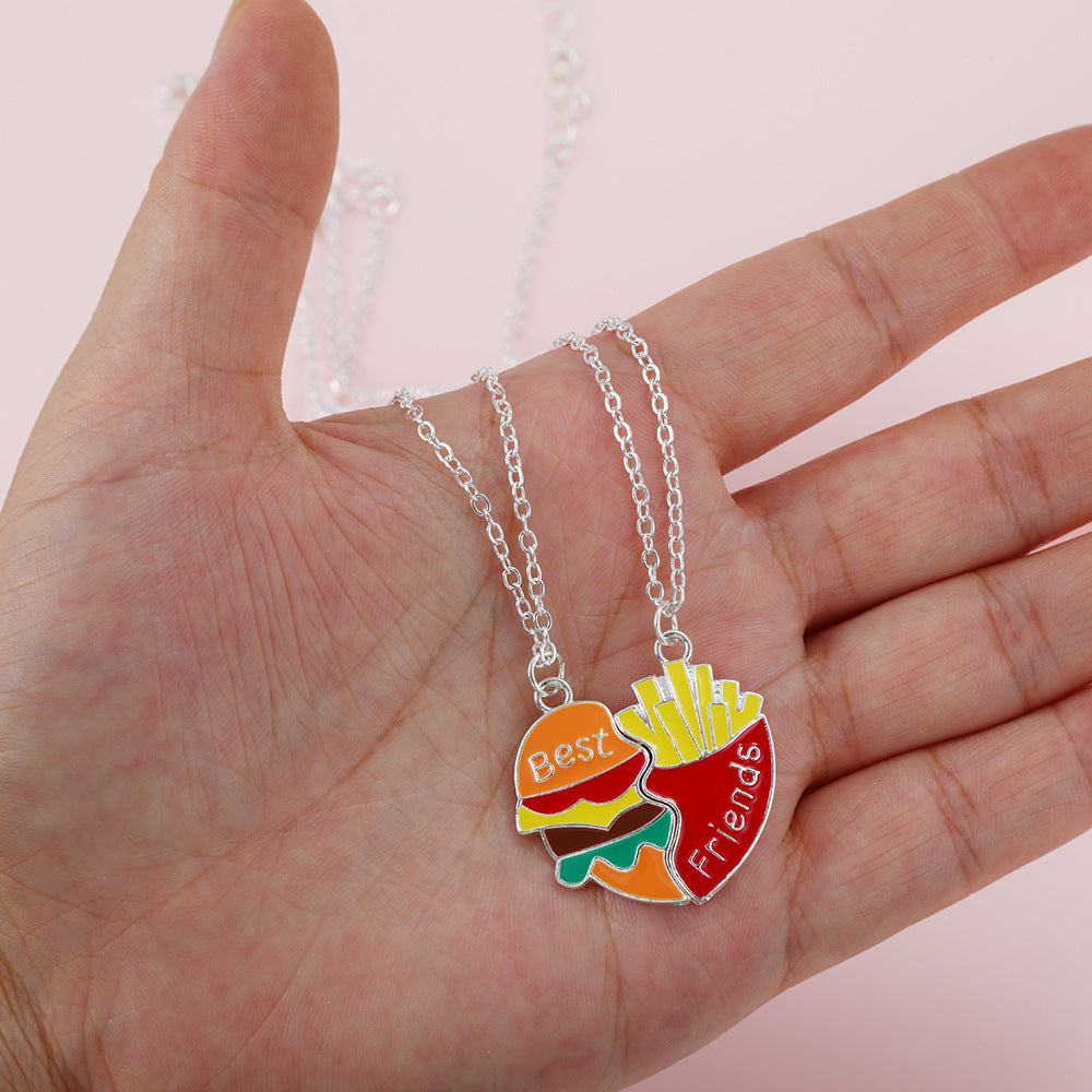 2pcs BFF Burger & Fries Magnetic Necklace Set – Cute Best Friend Jewelry for Kids, Fun Cartoon Pendant Gift
