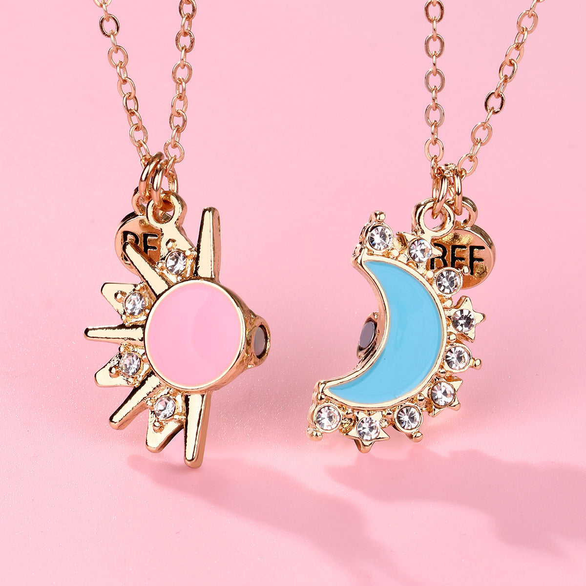2Pcs Sun & Moon Magnetic Necklace Set – BFF Matching Pendant, Pink & Blue Enamel