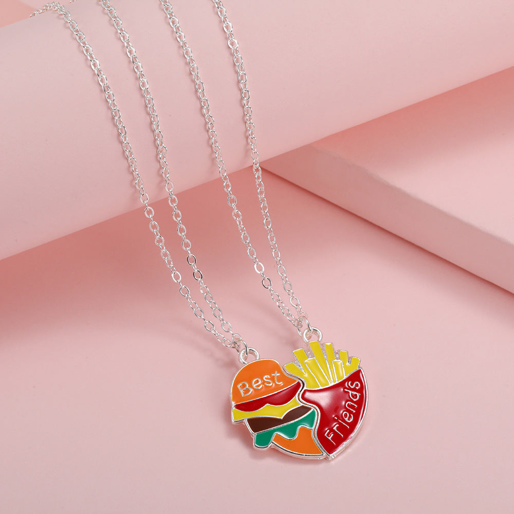 2pcs BFF Burger & Fries Magnetic Necklace Set – Cute Best Friend Jewelry for Kids, Fun Cartoon Pendant Gift