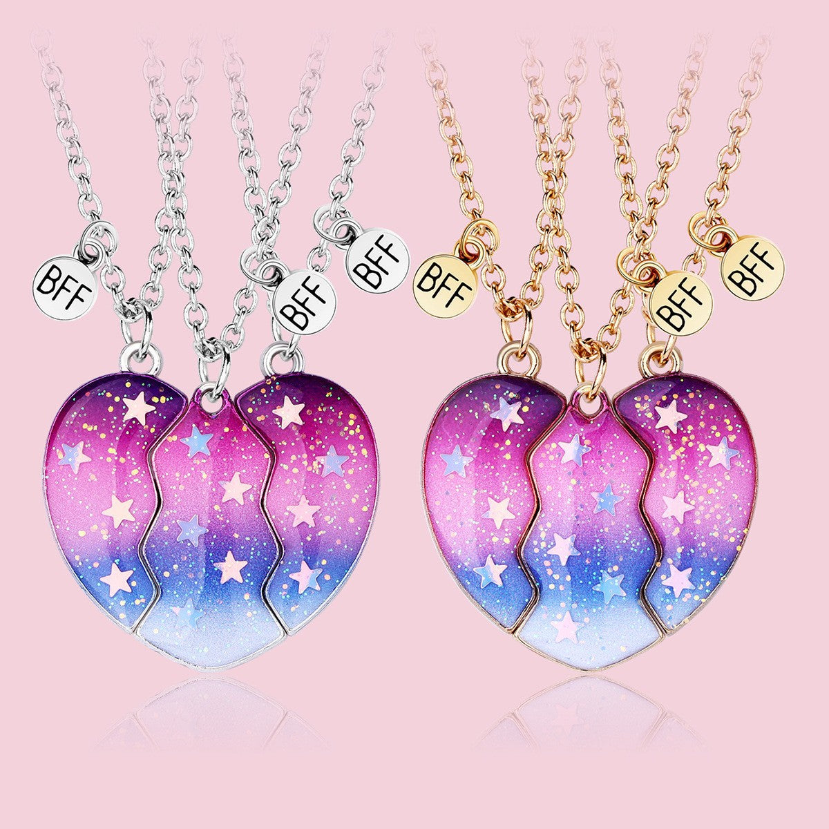 3pcs BFF Magnetic Necklace Set – Colorful Galaxy Pendant, Friendship Jewelry for Three Best Friends