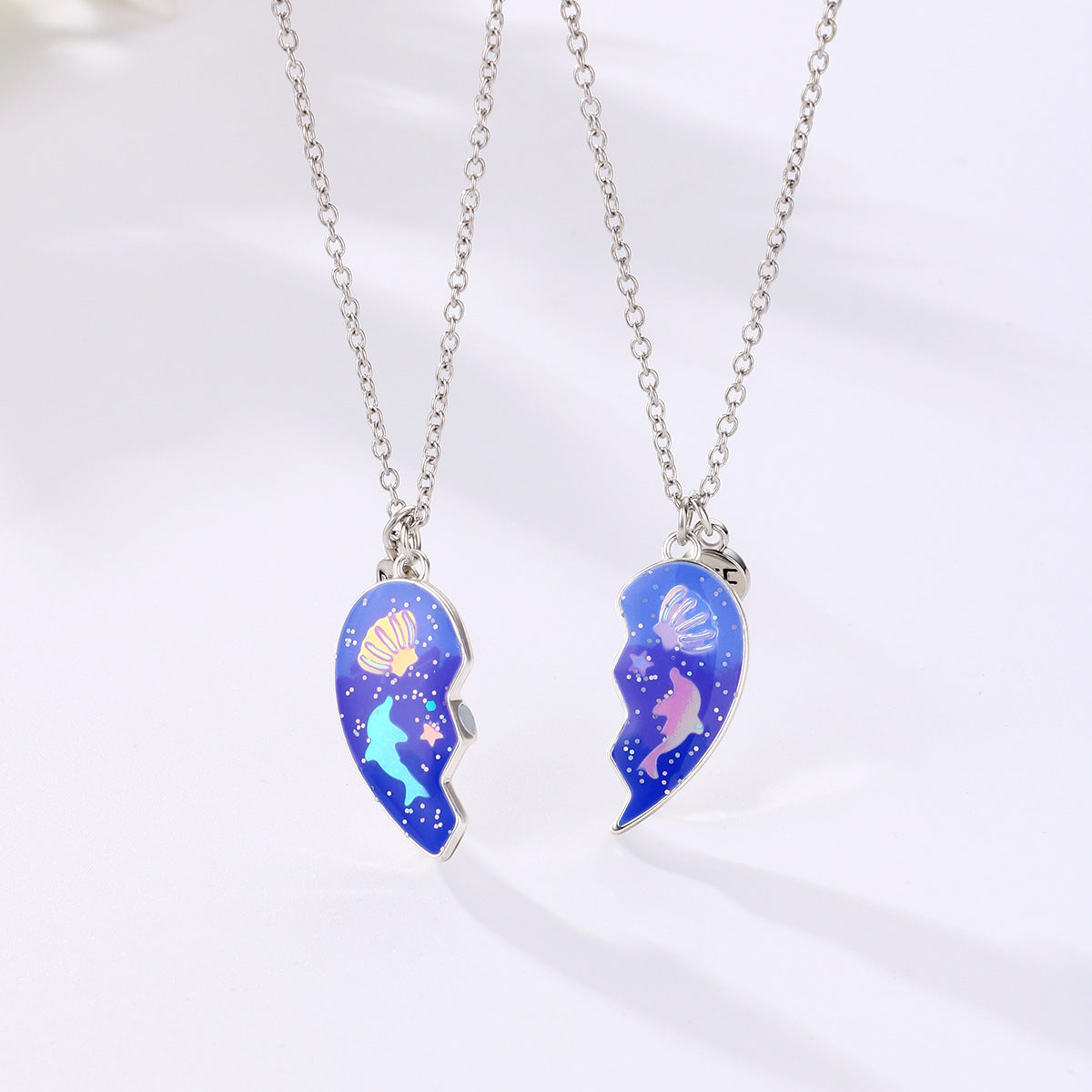 2pcs Kids BFF Magnetic Necklace Set – Heart Dolphin Shell Pendant