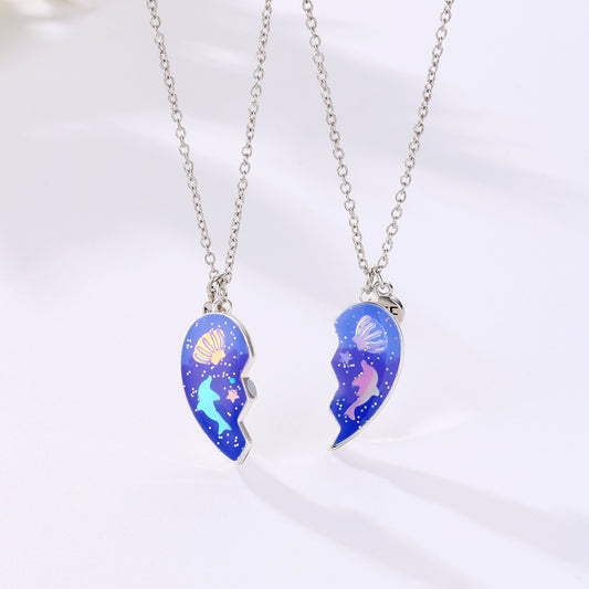 2pcs Kids BFF Magnetic Necklace Set – Heart Dolphin Shell Pendant