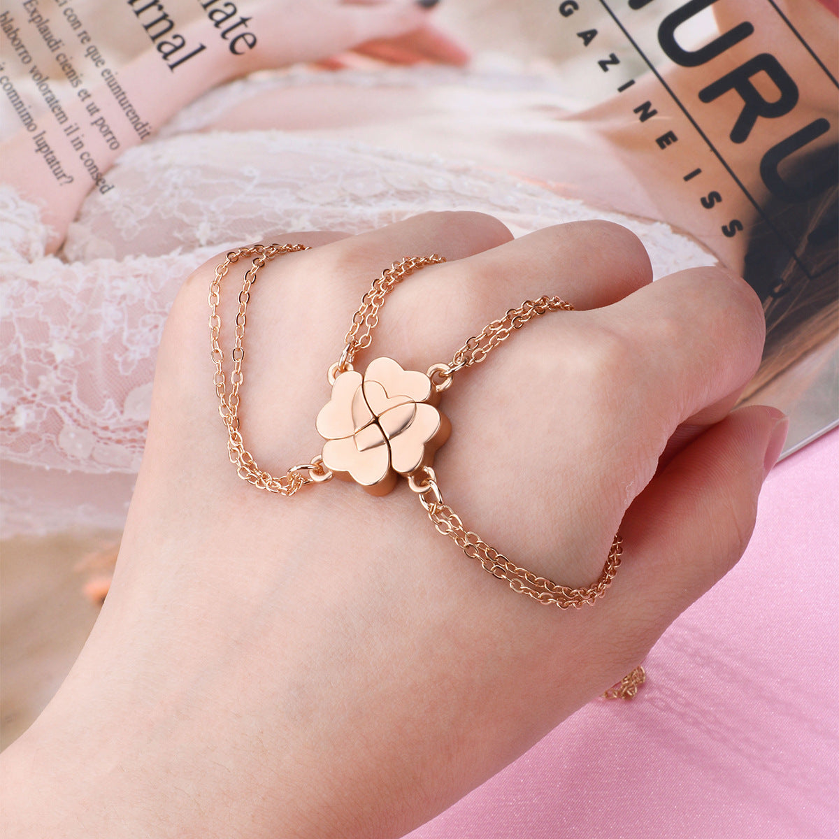 4pcs Four-Leaf Clover Magnetic BBF Friendship Necklace Set Parent-Child or Friends Matching Jewelry, 4-Person Combination