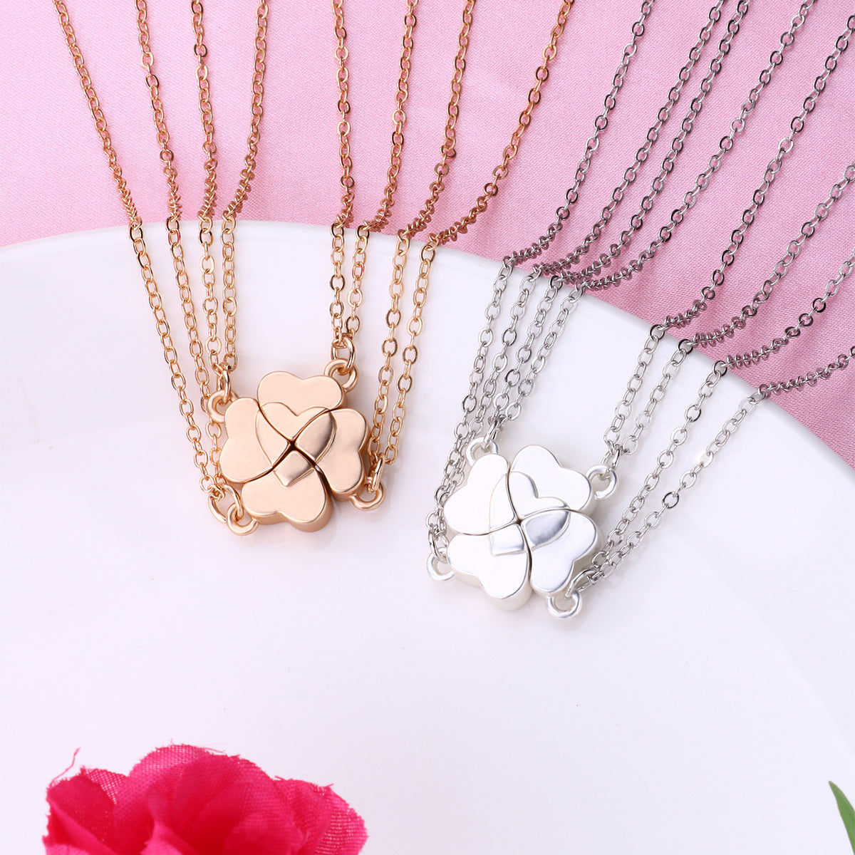 4pcs Four-Leaf Clover Magnetic BBF Friendship Necklace Set Parent-Child or Friends Matching Jewelry, 4-Person Combination