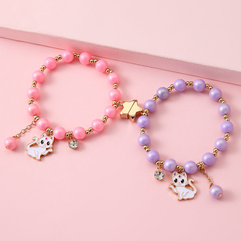 2pcs BFF Magnetic Cat Pendant Bracelet Set – Star-Shaped Connection, Best Friend Jewelry