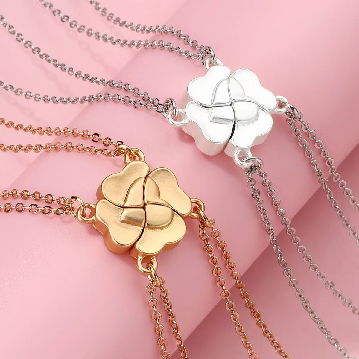 4pcs Four-Leaf Clover Magnetic BBF Friendship Necklace Set Parent-Child or Friends Matching Jewelry, 4-Person Combination