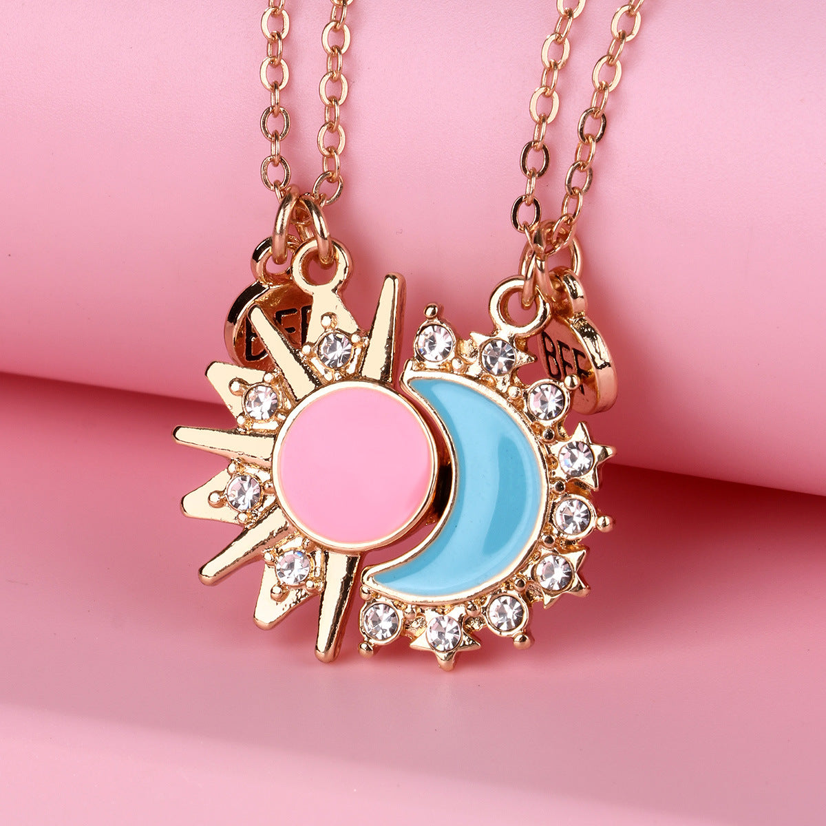 2Pcs Sun & Moon Magnetic Necklace Set – BFF Matching Pendant, Pink & Blue Enamel